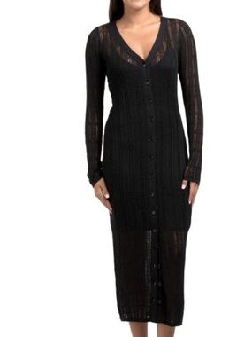 Naadam Long Black Button-Front Knit Cardigan Dress